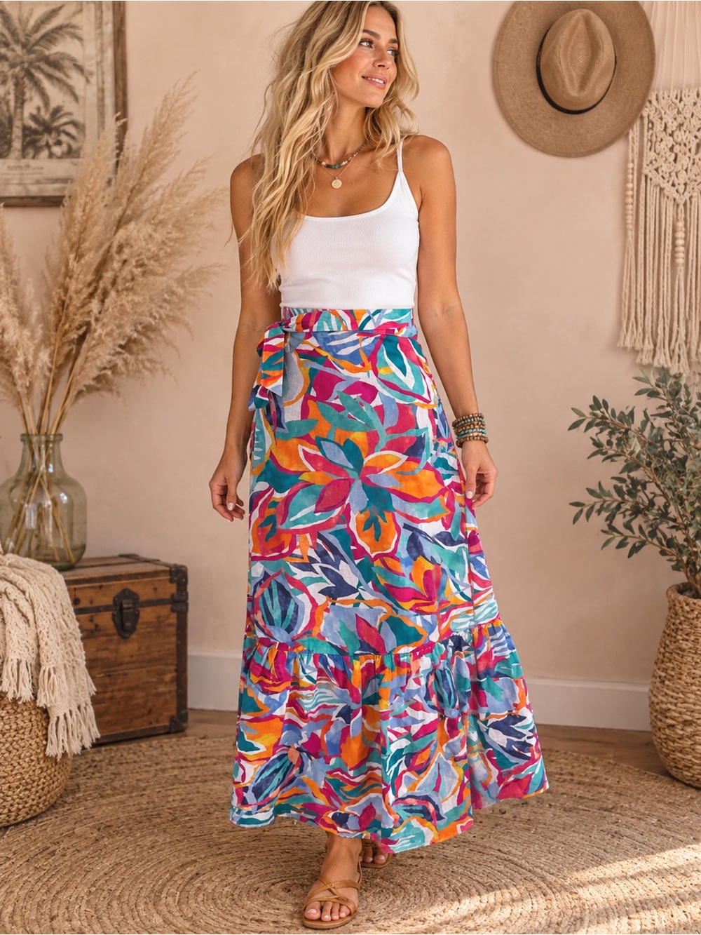 Mimi Flamingo Colorful Abstract Print Wrap Maxi Skirt with Tie Waist